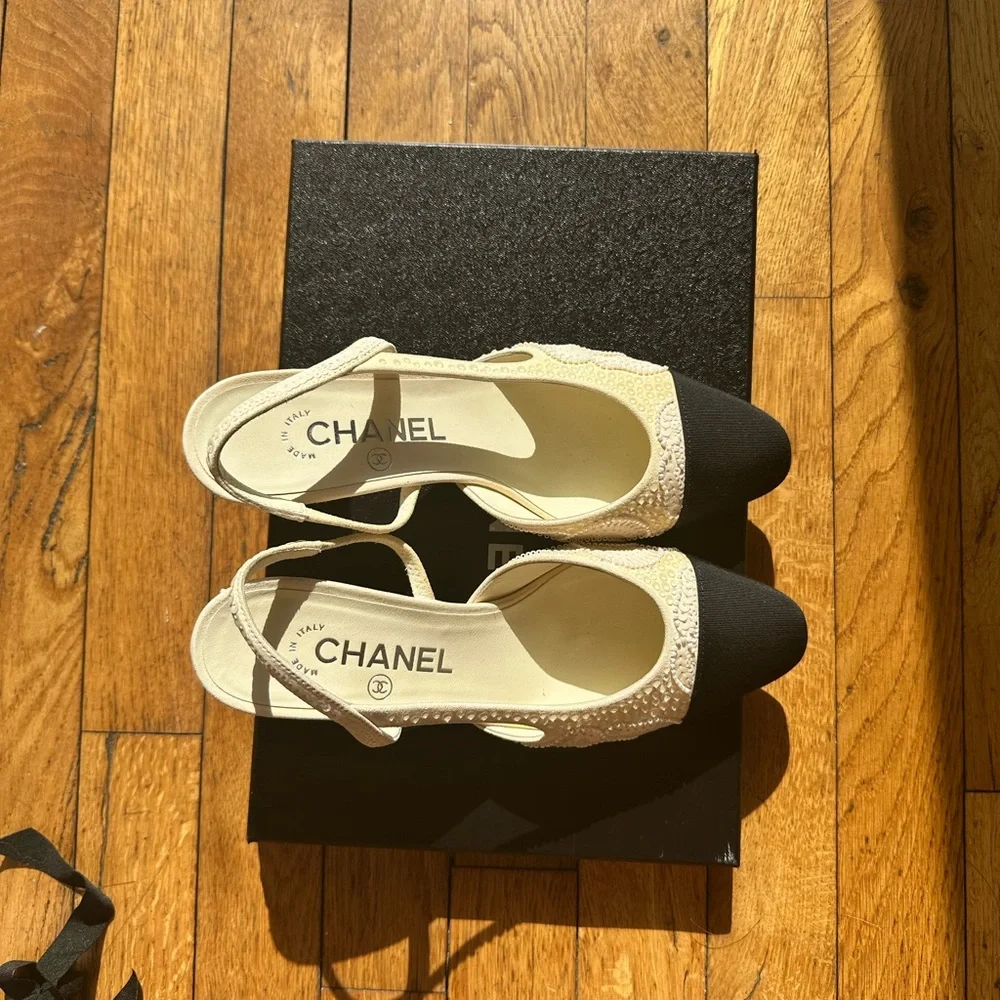 Chanel cream pearl beaded sequin bridal slingback limited edition 36.5